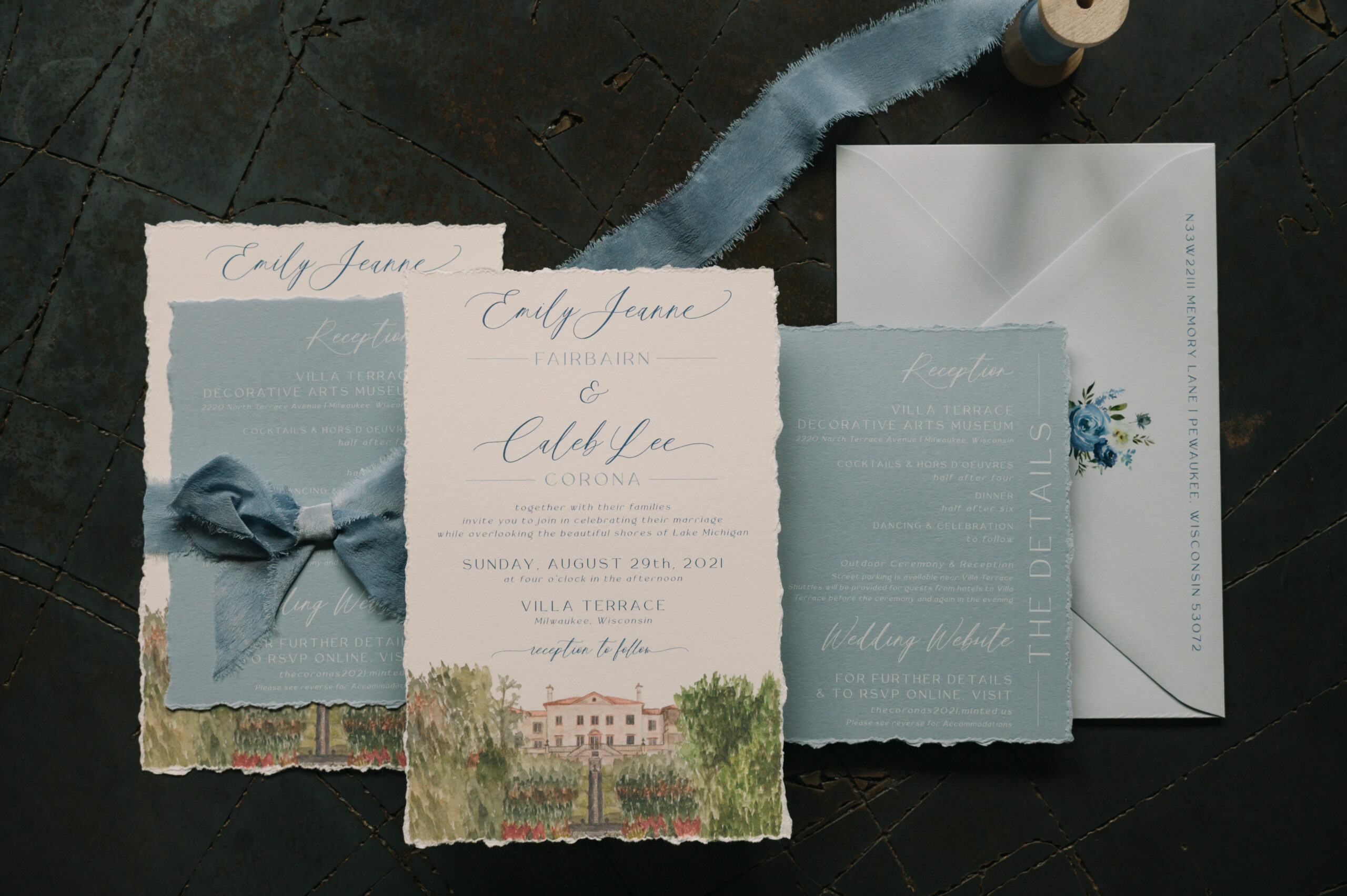 blue and white watercolor wedding invitation suite with dusty blue silk ribbon